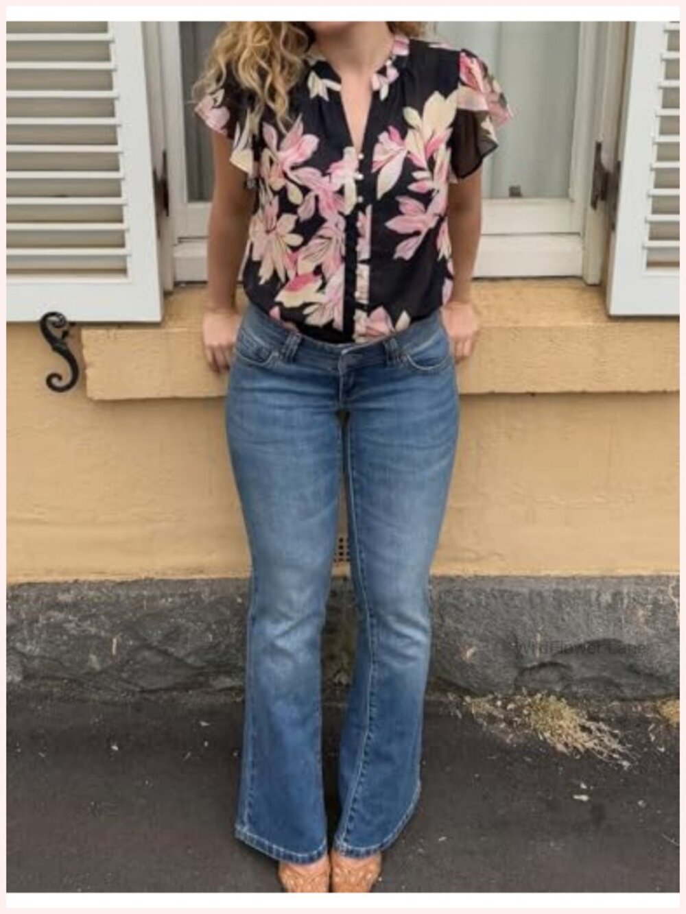 Chiffon Floral Ruffle Sleeve V-Neck Button Down Blouse - Picture 3 of 5